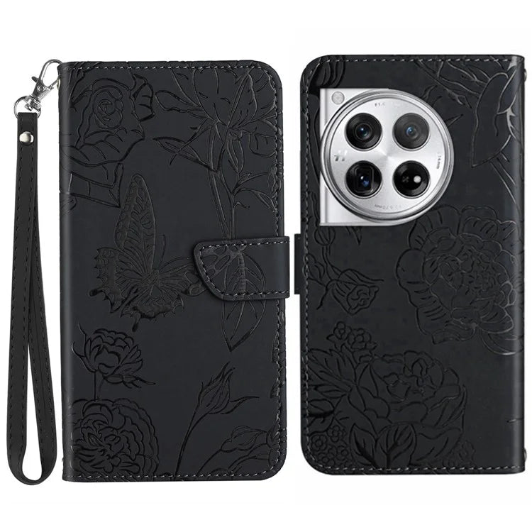 HT03 For OnePlus 12 5G Wallet Phone Case Flower Pattern Leather Cover with Hand Strap