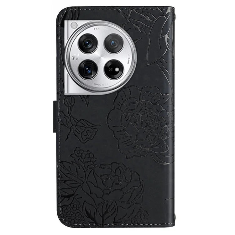 HT03 For OnePlus 12 5G Wallet Phone Case Flower Pattern Leather Cover with Hand Strap