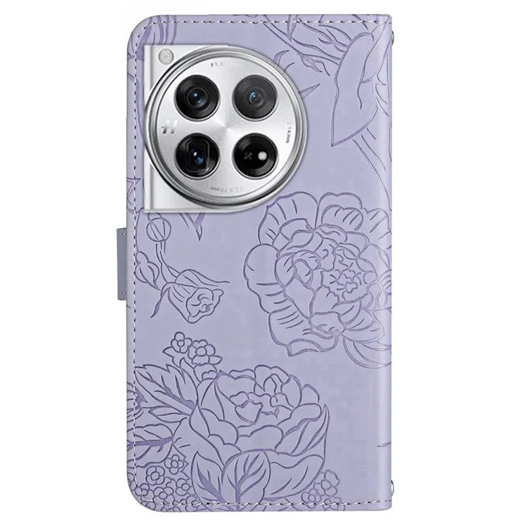 HT03 For OnePlus 12 5G Wallet Phone Case Flower Pattern Leather Cover with Hand Strap