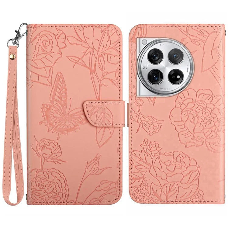 HT03 For OnePlus 12 5G Wallet Phone Case Flower Pattern Leather Cover with Hand Strap