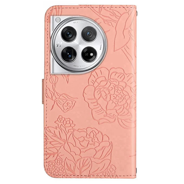 HT03 For OnePlus 12 5G Wallet Phone Case Flower Pattern Leather Cover with Hand Strap