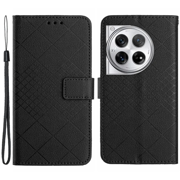 HT06 For OnePlus 12 5G Rhombus Pattern Leather Case Magnetic Clasp Shockproof Phone Cover