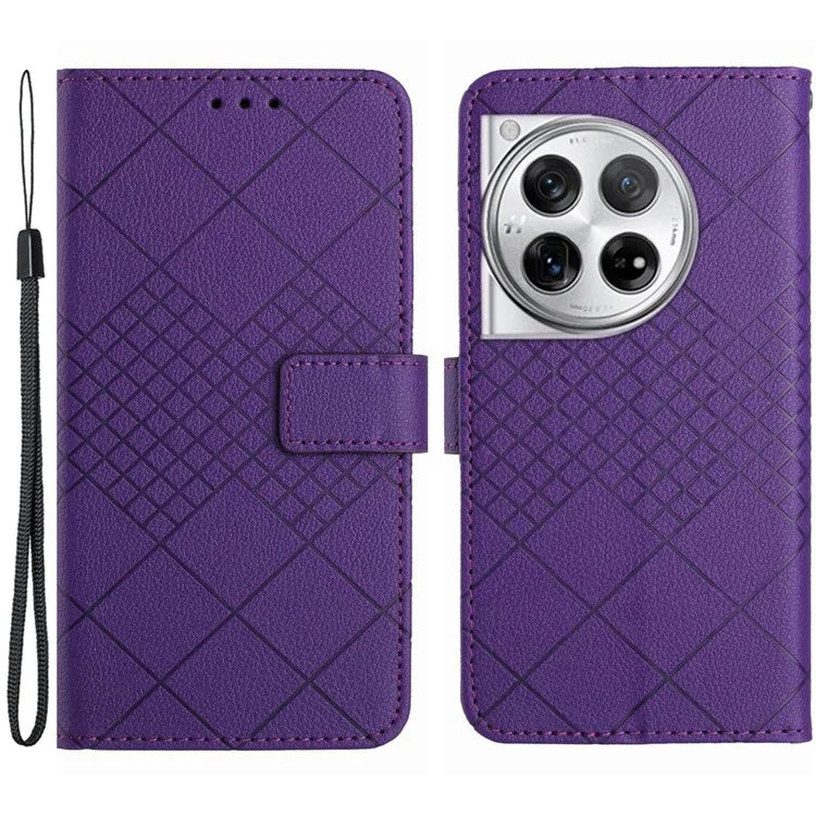 HT06 For OnePlus 12 5G Rhombus Pattern Leather Case Magnetic Clasp Shockproof Phone Cover