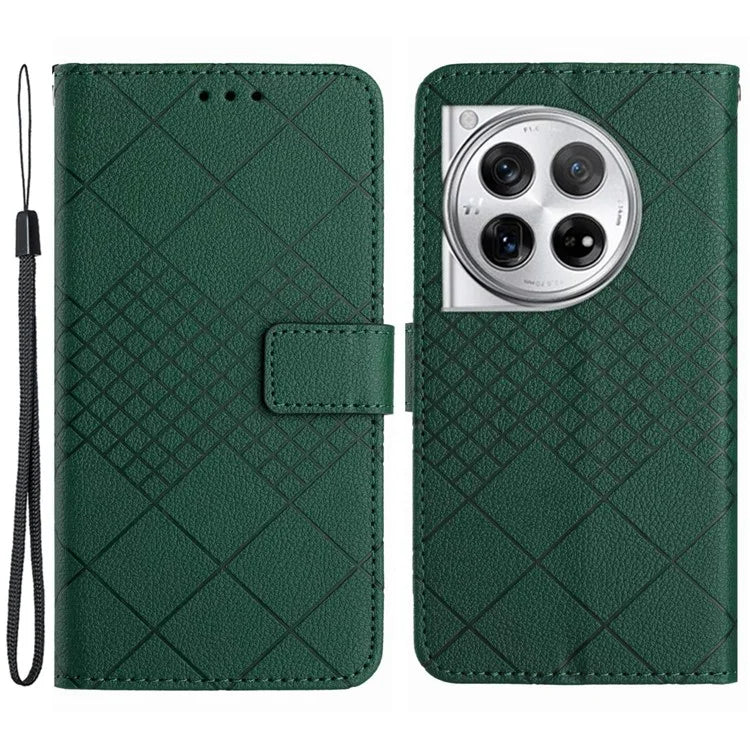 HT06 For OnePlus 12 5G Rhombus Pattern Leather Case Magnetic Clasp Shockproof Phone Cover