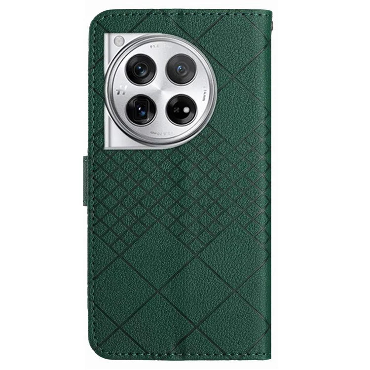 HT06 For OnePlus 12 5G Rhombus Pattern Leather Case Magnetic Clasp Shockproof Phone Cover