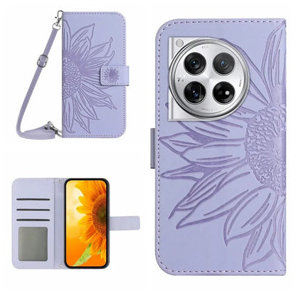 HT04 For OnePlus 12 5G PU Leather Case Sunflower Imprinted Phone Cover with Shoulder Strap