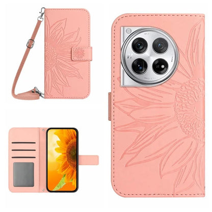 HT04 For OnePlus 12 5G PU Leather Case Sunflower Imprinted Phone Cover with Shoulder Strap