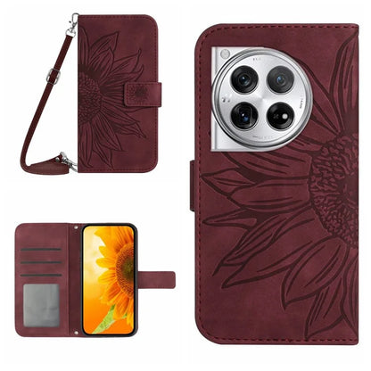 HT04 For OnePlus 12 5G PU Leather Case Sunflower Imprinted Phone Cover with Shoulder Strap