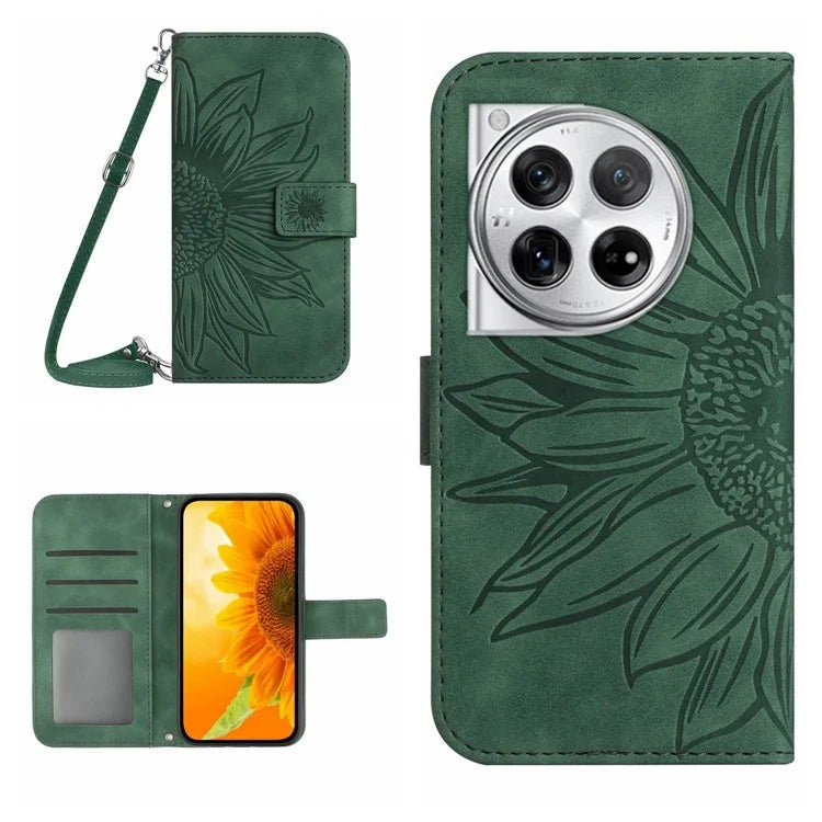 HT04 For OnePlus 12 5G PU Leather Case Sunflower Imprinted Phone Cover with Shoulder Strap