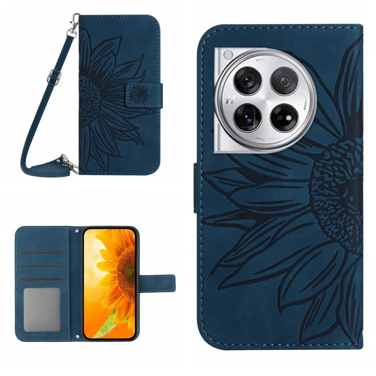 HT04 For OnePlus 12 5G PU Leather Case Sunflower Imprinted Phone Cover with Shoulder Strap
