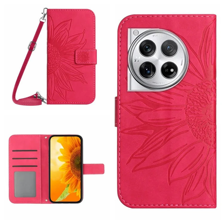 HT04 For OnePlus 12 5G PU Leather Case Sunflower Imprinted Phone Cover with Shoulder Strap