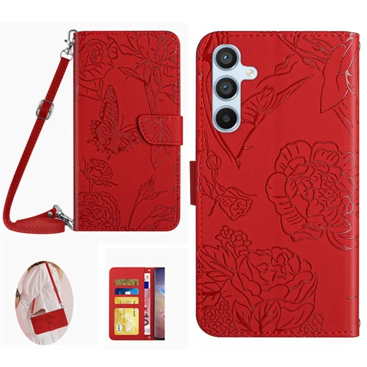HT03 Wallet Case for Samsung Galaxy A55 5G Flip Leather Case with Shoulder Strap Phone Wallet