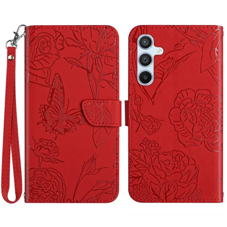 HT03 For Samsung Galaxy A55 5G Butterfly Leather Case with Wrist Strap Phone Cover