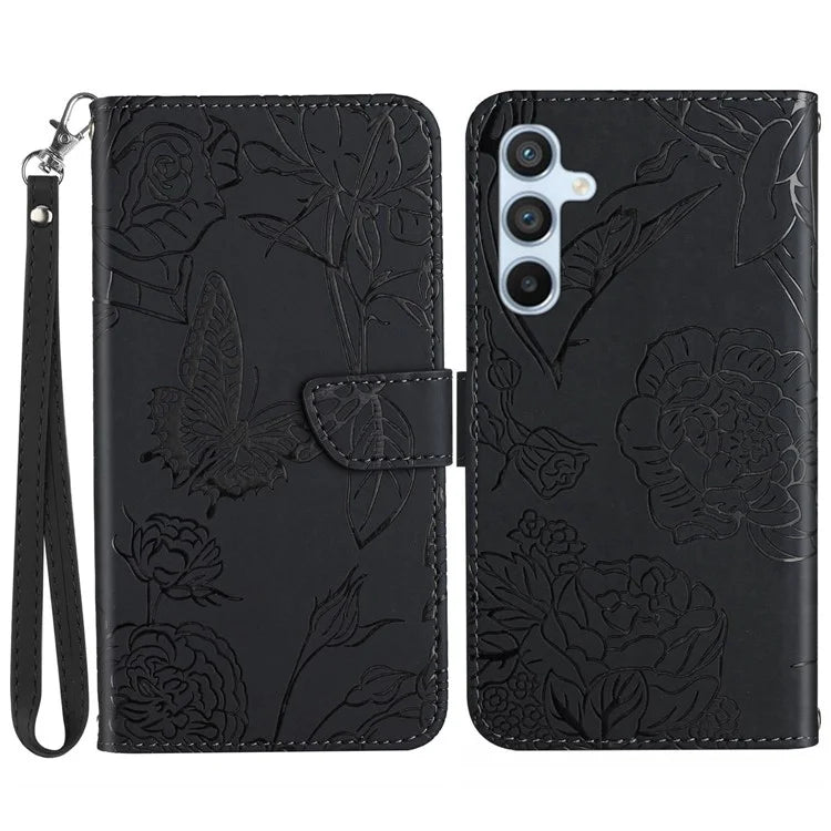 HT03 For Samsung Galaxy A35 5G PU Leather Case Butterfly Flower Phone Cover with Hand Strap