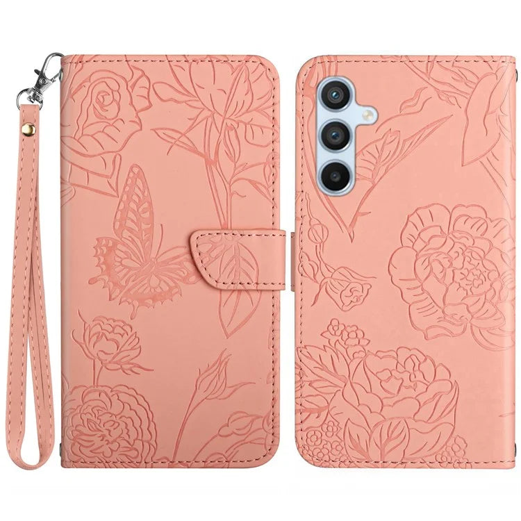HT03 For Samsung Galaxy A35 5G PU Leather Case Butterfly Flower Phone Cover with Hand Strap