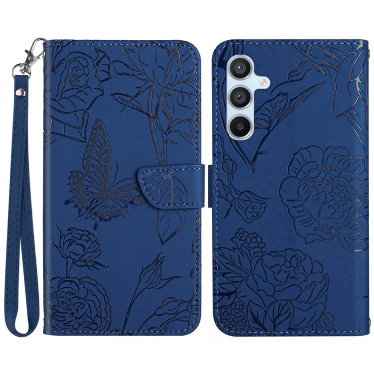 HT03 For Samsung Galaxy A35 5G PU Leather Case Butterfly Flower Phone Cover with Hand Strap