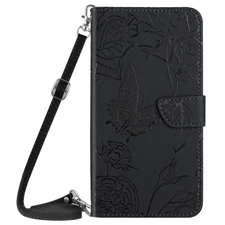 HT03 Wallet Case for Samsung Galaxy A35 5G PU Leather Butterfly Flower Phone Cover with Shoulder Strap