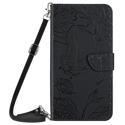 HT03 Wallet Case for Samsung Galaxy A35 5G PU Leather Butterfly Flower Phone Cover with Shoulder Strap