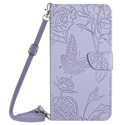 HT03 Wallet Case for Samsung Galaxy A35 5G PU Leather Butterfly Flower Phone Cover with Shoulder Strap