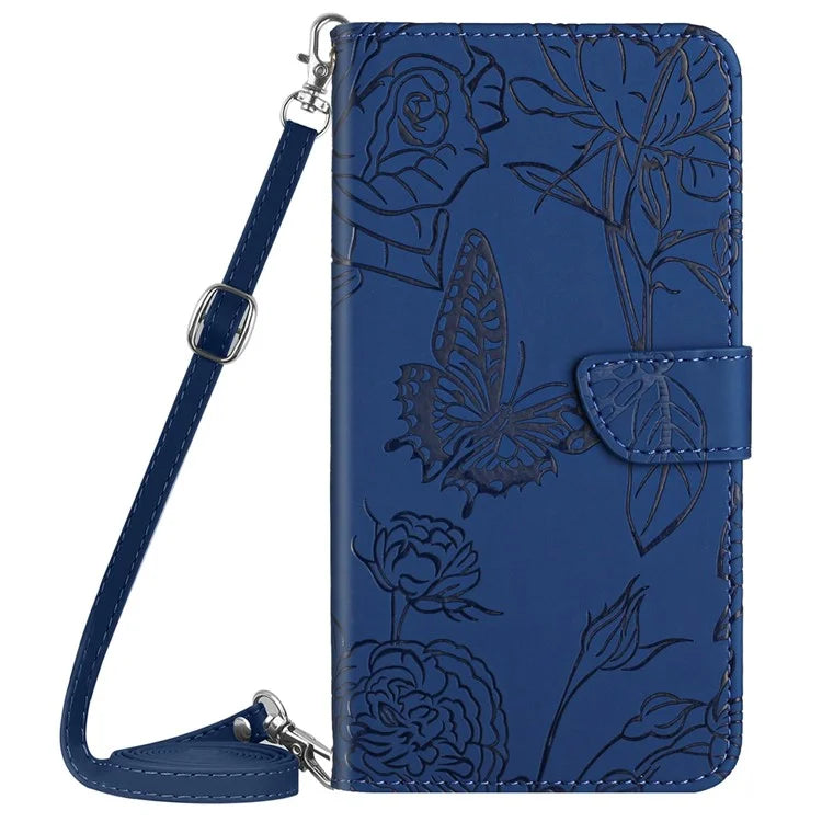 HT03 Wallet Case for Samsung Galaxy A35 5G PU Leather Butterfly Flower Phone Cover with Shoulder Strap