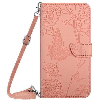 HT03 Wallet Case for Samsung Galaxy A35 5G PU Leather Butterfly Flower Phone Cover with Shoulder Strap