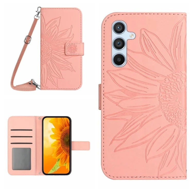 HT04 For Samsung Galaxy A35 5G Crossbody Phone Case PU Leather Sunflower Stand Cover
