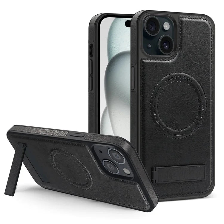 For iPhone 15 Plus Case PU Leather Coated TPU + PC Kickstand Phone Cover Compatible with MagSafe