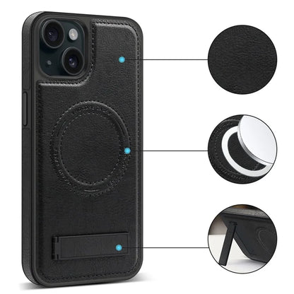 For iPhone 15 Plus Case PU Leather Coated TPU + PC Kickstand Phone Cover Compatible with MagSafe
