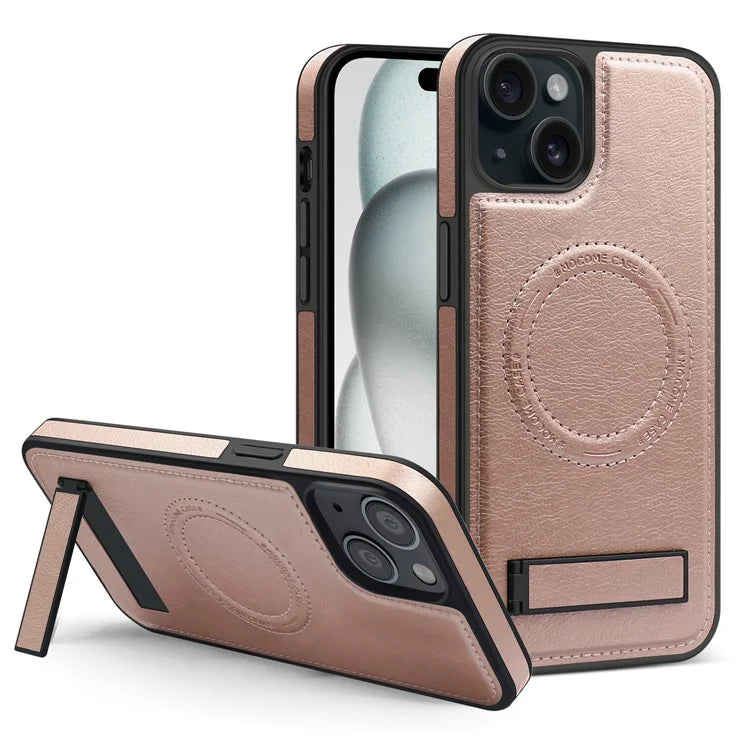 For iPhone 15 Plus Case PU Leather Coated TPU + PC Kickstand Phone Cover Compatible with MagSafe