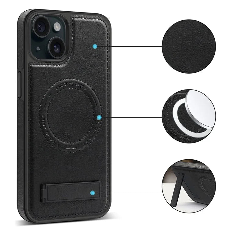 For iPhone 15 Plus Case PU Leather Coated TPU + PC Kickstand Phone Cover Compatible with MagSafe
