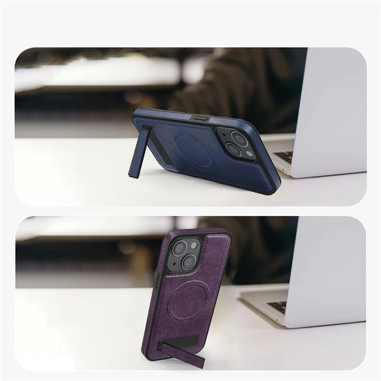 For iPhone 15 Plus Case PU Leather Coated TPU + PC Kickstand Phone Cover Compatible with MagSafe