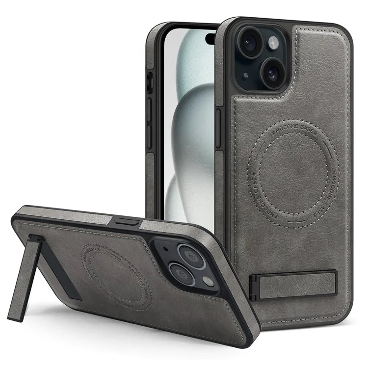 For iPhone 15 Plus Case PU Leather Coated TPU + PC Kickstand Phone Cover Compatible with MagSafe