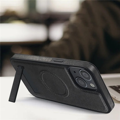 For iPhone 15 Plus Case PU Leather Coated TPU + PC Kickstand Phone Cover Compatible with MagSafe