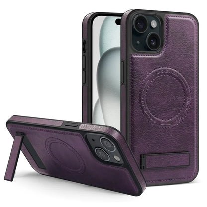 For iPhone 15 Plus Case PU Leather Coated TPU + PC Kickstand Phone Cover Compatible with MagSafe