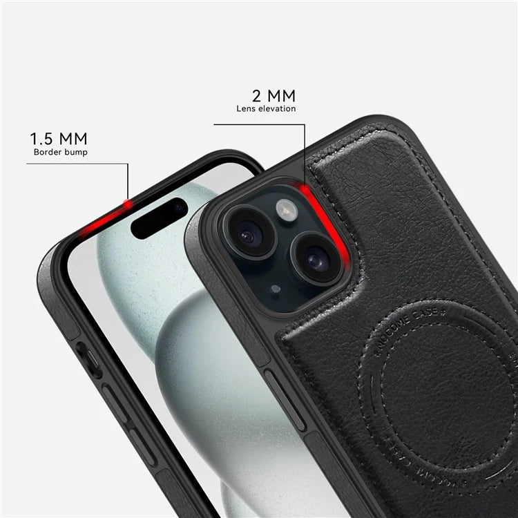 For iPhone 15 Plus Case PU Leather Coated TPU + PC Kickstand Phone Cover Compatible with MagSafe