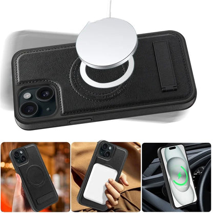 For iPhone 15 Plus Case PU Leather Coated TPU + PC Kickstand Phone Cover Compatible with MagSafe