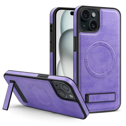 For iPhone 15 Plus Case PU Leather Coated TPU + PC Kickstand Phone Cover Compatible with MagSafe