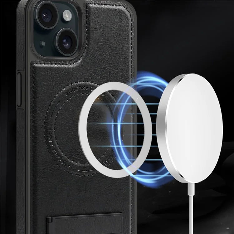 For iPhone 15 Plus Case PU Leather Coated TPU + PC Kickstand Phone Cover Compatible with MagSafe