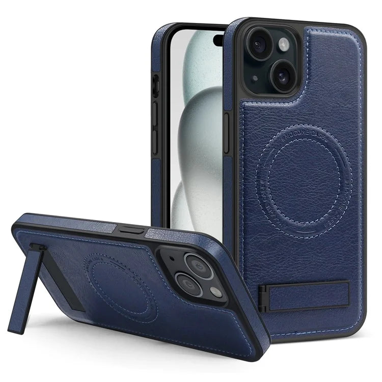 For iPhone 15 Plus Case PU Leather Coated TPU + PC Kickstand Phone Cover Compatible with MagSafe