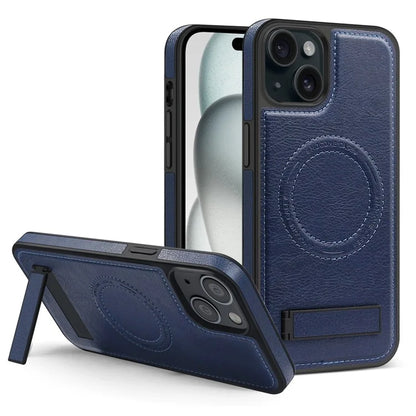 For iPhone 15 Plus Case PU Leather Coated TPU + PC Kickstand Phone Cover Compatible with MagSafe