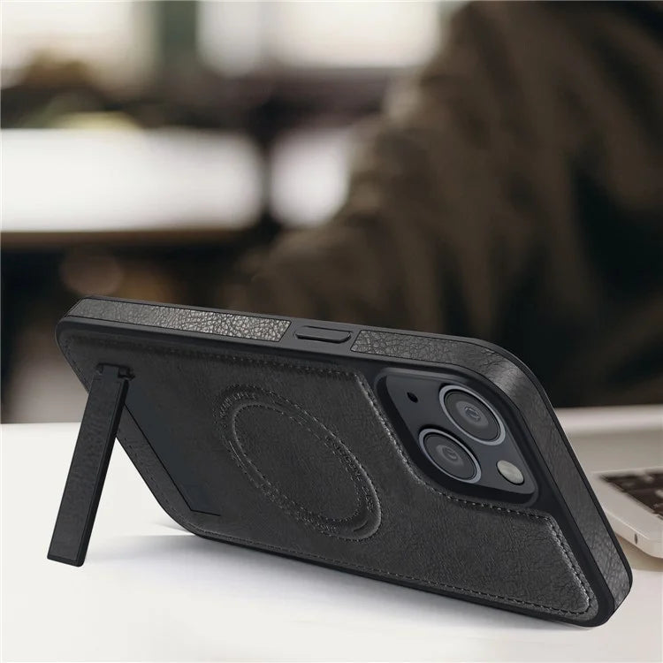 For iPhone 15 Plus Case PU Leather Coated TPU + PC Kickstand Phone Cover Compatible with MagSafe