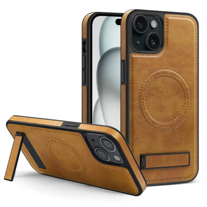 For iPhone 15 Plus Case PU Leather Coated TPU + PC Kickstand Phone Cover Compatible with MagSafe