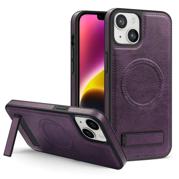 For iPhone 14 Plus Case Compatible with MagSafe Slim-Fit PU Leather Coated TPU + PC Shell