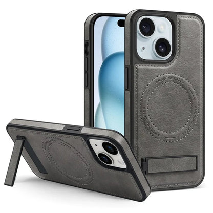 For iPhone 15 Magnetic Phone Case PU Leather Coated TPU + PC Drop-proof Foldable Kickstand Cover