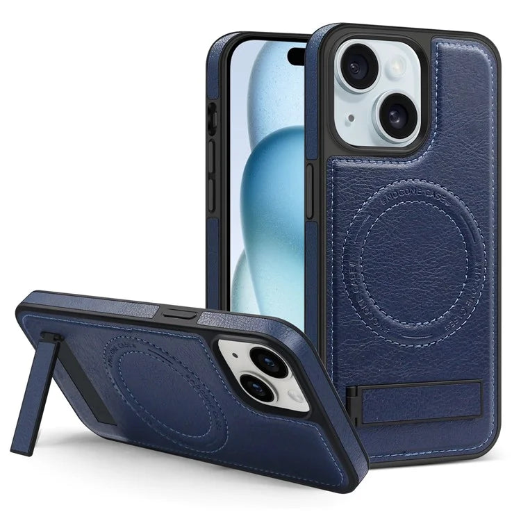 For iPhone 15 Magnetic Phone Case PU Leather Coated TPU + PC Drop-proof Foldable Kickstand Cover