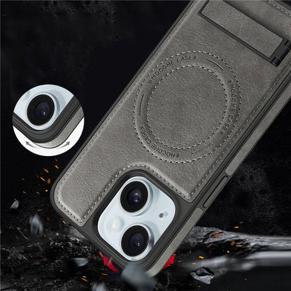 For iPhone 15 Magnetic Phone Case PU Leather Coated TPU + PC Drop-proof Foldable Kickstand Cover