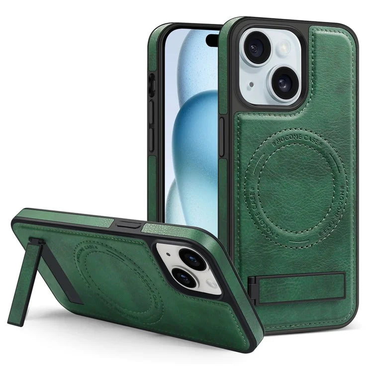For iPhone 15 Magnetic Phone Case PU Leather Coated TPU + PC Drop-proof Foldable Kickstand Cover