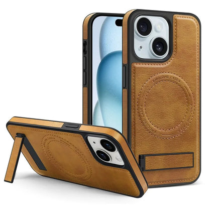 For iPhone 15 Magnetic Phone Case PU Leather Coated TPU + PC Drop-proof Foldable Kickstand Cover