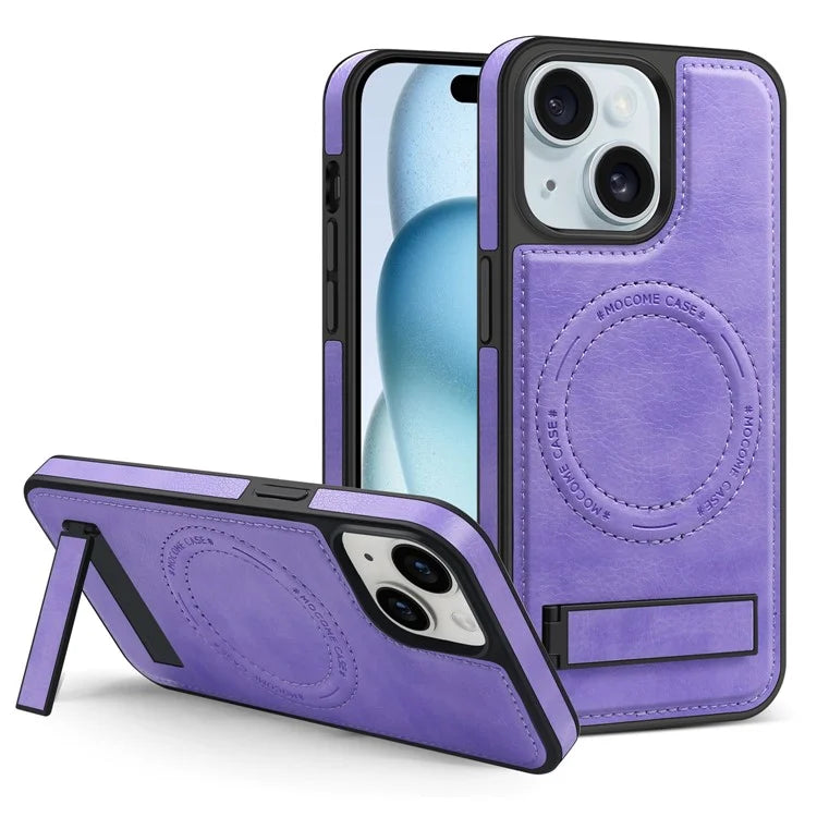 For iPhone 15 Magnetic Phone Case PU Leather Coated TPU + PC Drop-proof Foldable Kickstand Cover
