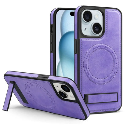 For iPhone 15 Magnetic Phone Case PU Leather Coated TPU + PC Drop-proof Foldable Kickstand Cover